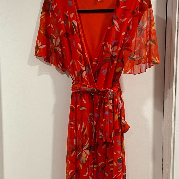 Orange Print Faux Wrap Dress 1X - Picture 2 of 4